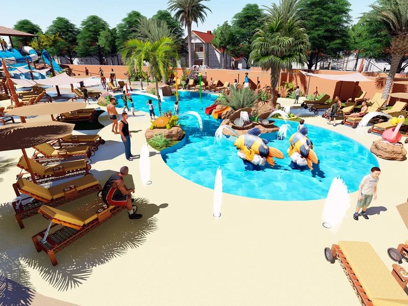 At Le Saint Louis, individuals are relishing a swimming pool and relaxing beneath umbrellas, encircled by palm trees and lush vegetation.