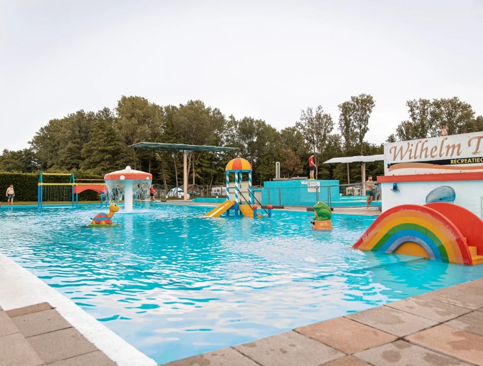 At Recreatieoord Wilhelm Tell, there is a swimming pool featuring vibrant slides and whimsical fountains, encircled by verdant trees and furnished with water play apparatus.