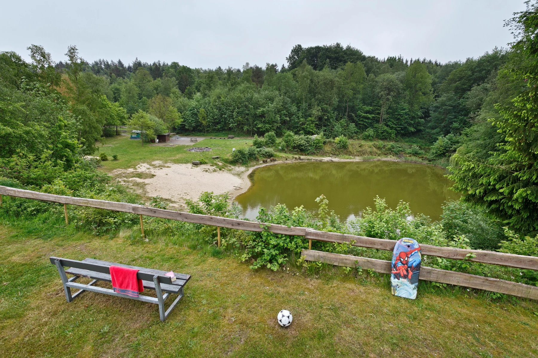 At KNAUS Campingpark Wingst, a wooden seat provides a view of a small, verdant lake, surrounded by trees and a sandy area.