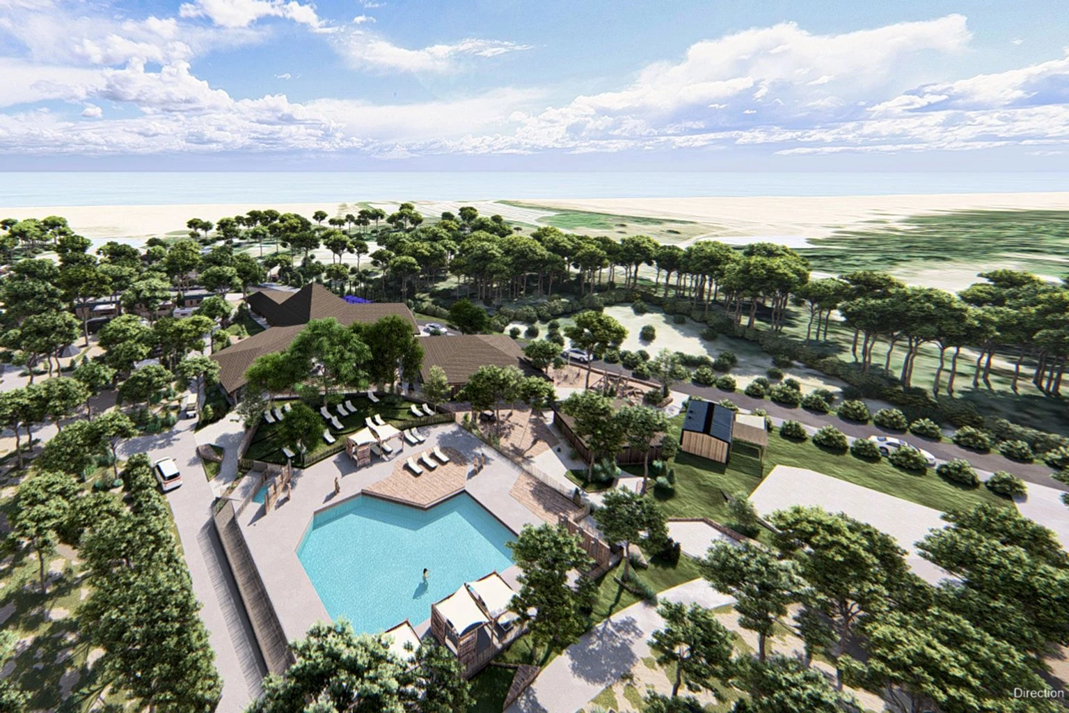 At Ondres Plage, there is an aerial perspective of a swimming pool encircled by trees, sunbeds, and cabins close to the beach.
