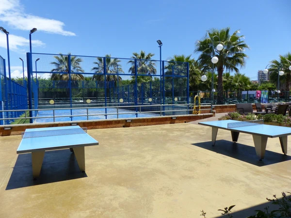 At Solmar, two table tennis tables are positioned on a concrete patio adjacent to a fenced tennis court, surrounded by palm trees and seating.