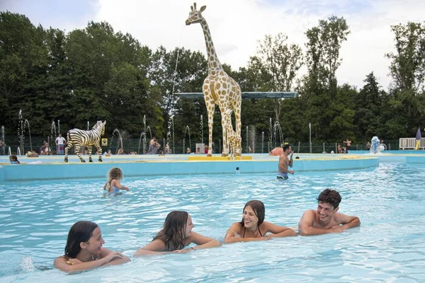 At Recreatieoord Wilhelm Tell, individuals swim in a pool featuring fountains, encircled by giraffe and zebra sculptures.