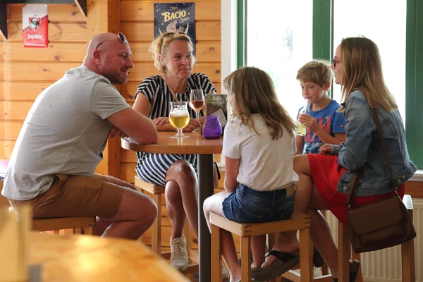At Petite Suisse, five individuals are gathered around a circular wooden table, enjoying drinks and engaging in conversation inside a wooden cabin.